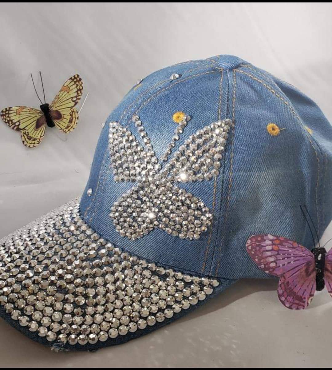 Elegant Blue Denim Hat with Rhinestones DIY Cap