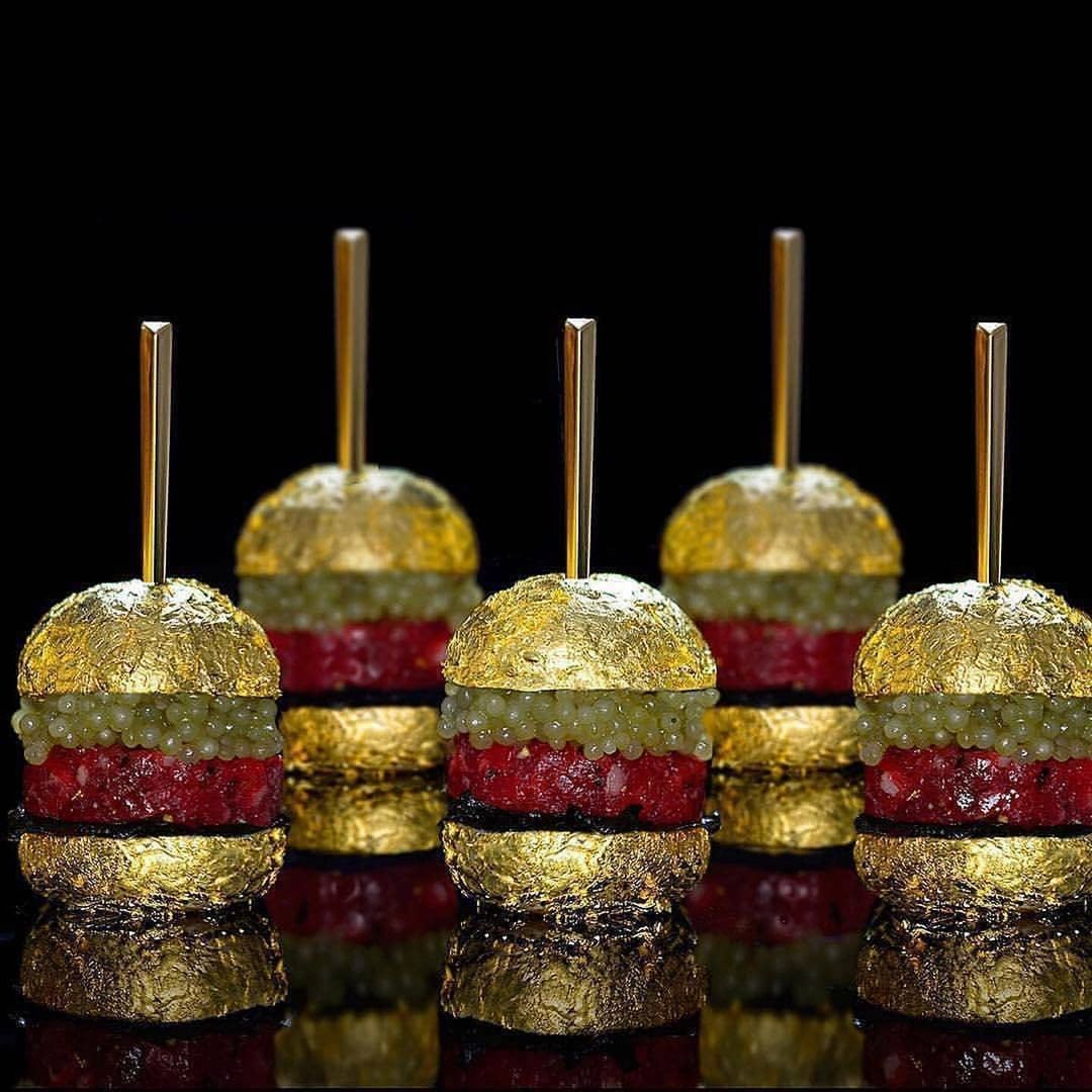 Gold Bling Food Beef Tartare Sliders with Gold Leaf Brioche Buns