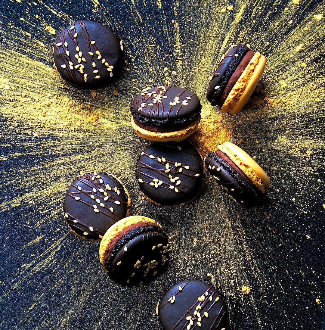 Gold Bling Food Decadent Grilled Sesame Macaron with 24k Gold