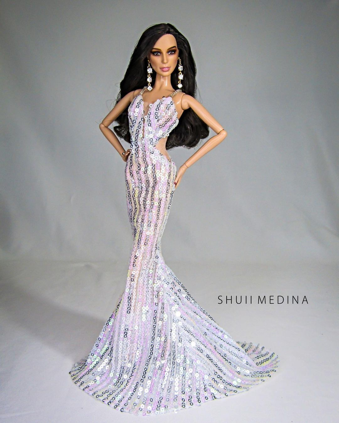 Bling Dolls Long Sequin Mesh Gown with V-Neck and Train Hemline