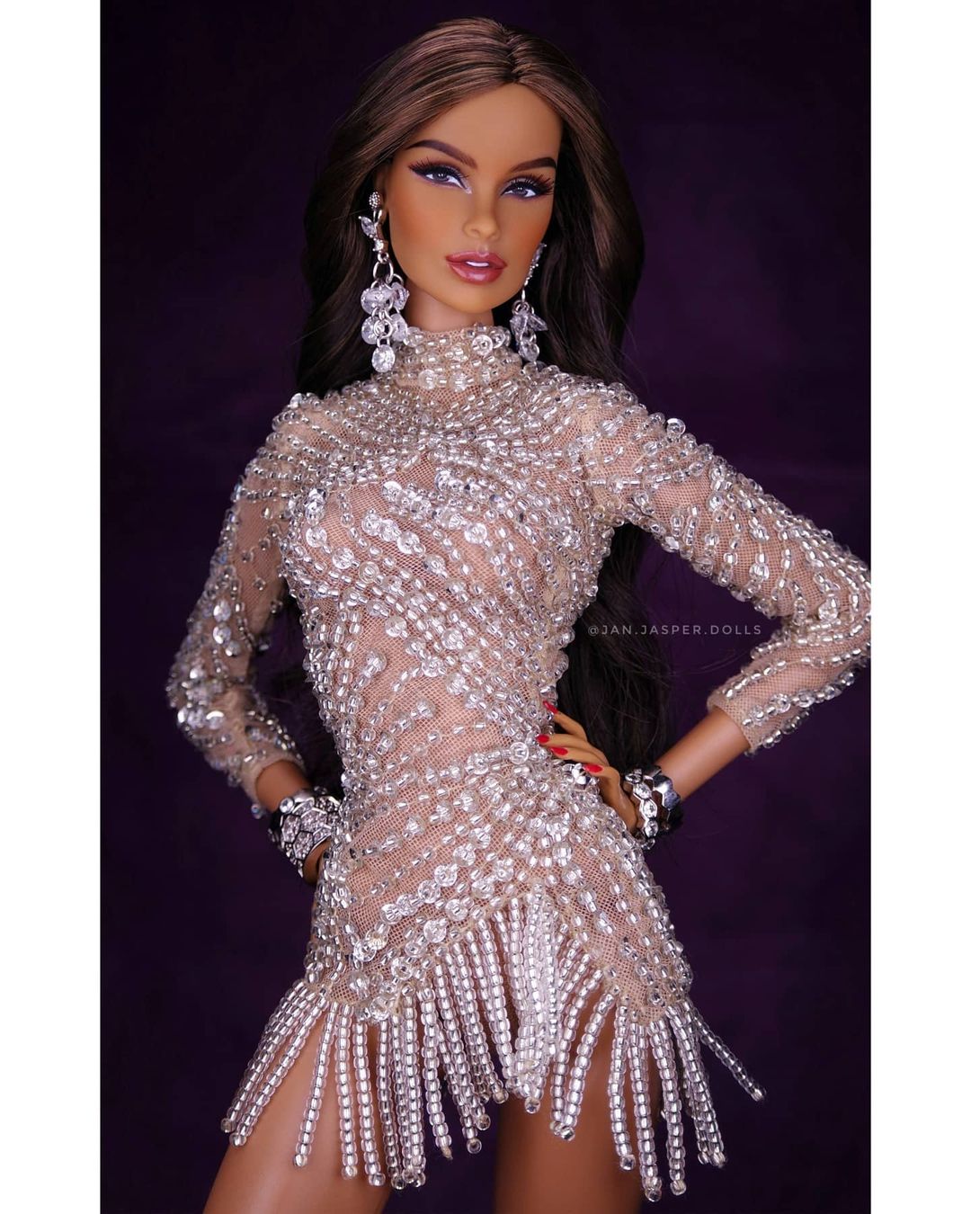 Bling Dolls Short Crystal Embellished Dress with Long Sleeves and Hanging Beaded Fringes