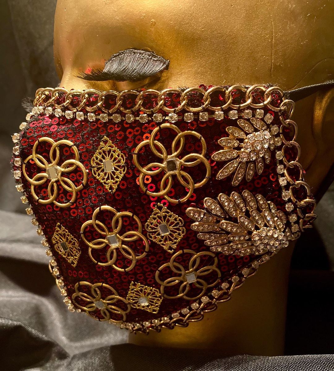 Bling Face Masks Red Fabric Face Mask with Rhinestones and Link Chains