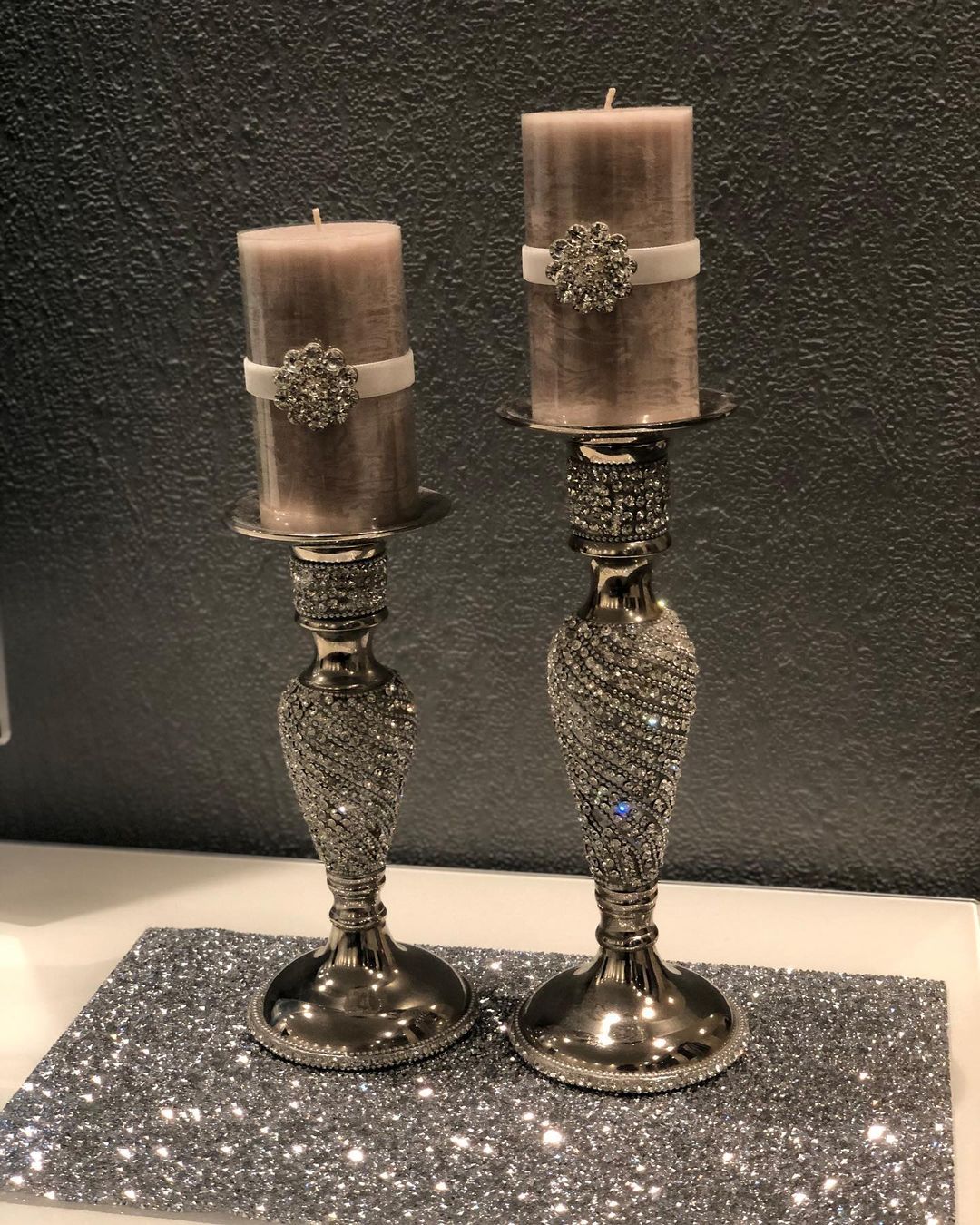 Elegant Silver Metalic Candle Stands with Rhinestones