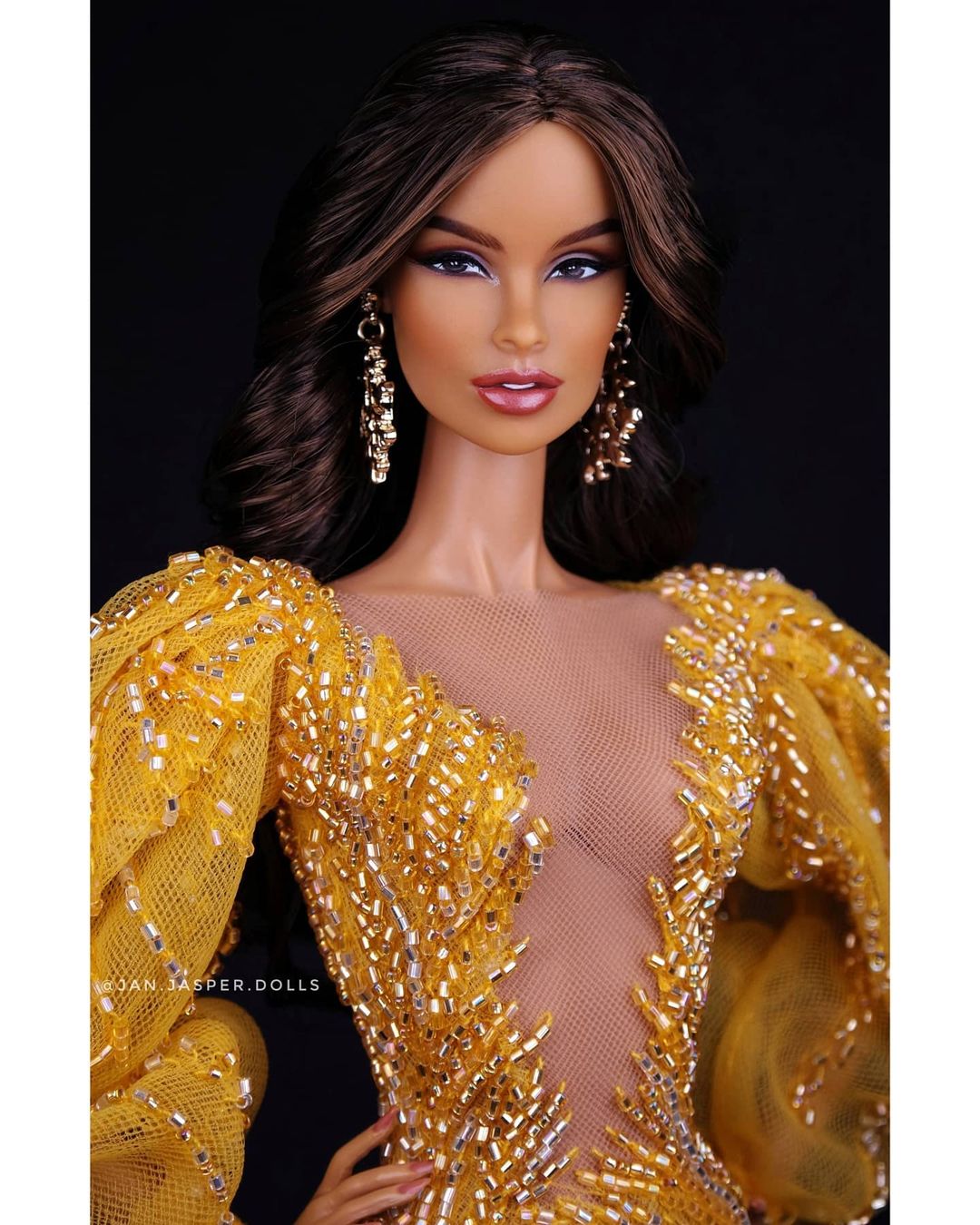 Bling Dolls Yellow Mesh Sequin and Beaded Long Sleeves with Deep V-Neck Dress