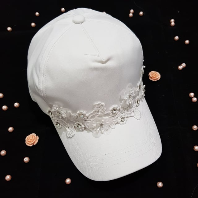 Bling BASEBALL CAPS White Cotton Cap with Floral Embroydrie Work and Rhinestones