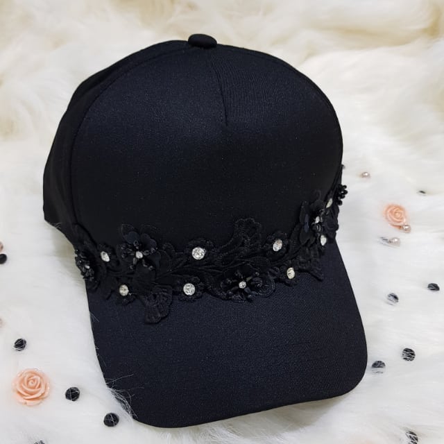 Black Cotton Cap with Floral Embroydrie Work and Rhinestones