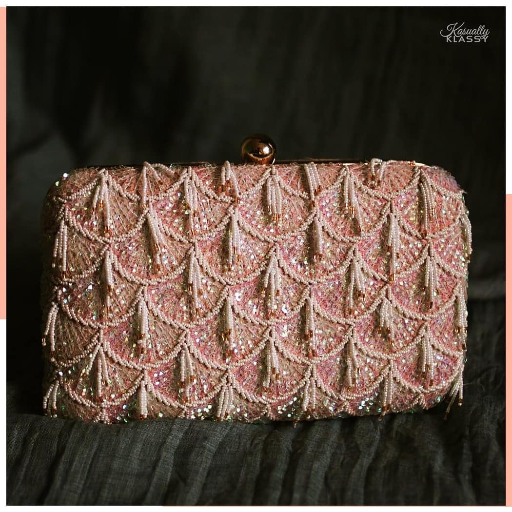 Pink Evening Clutch with Sequins and Beaded Tassles