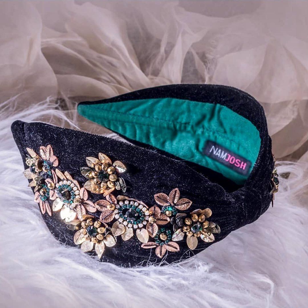 Handmade Black Velvet Headband with Rhinestones Embellishments