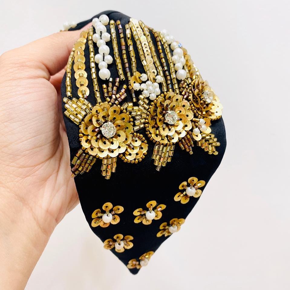 Handmade Black Headband with Gold Beads and Sequins with Beads