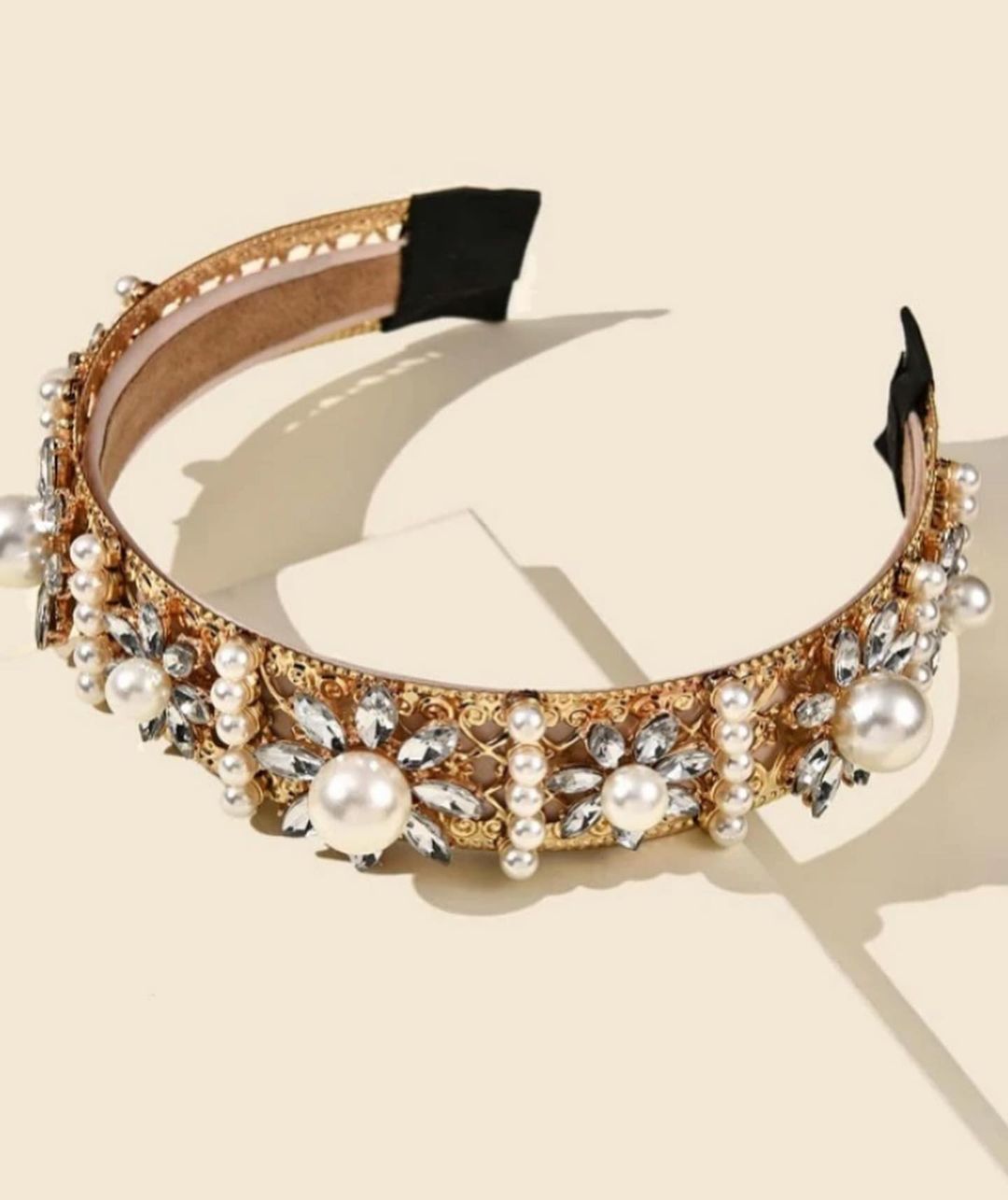 Elegant Gold Hairband with Clear Rhinestones and Pearls