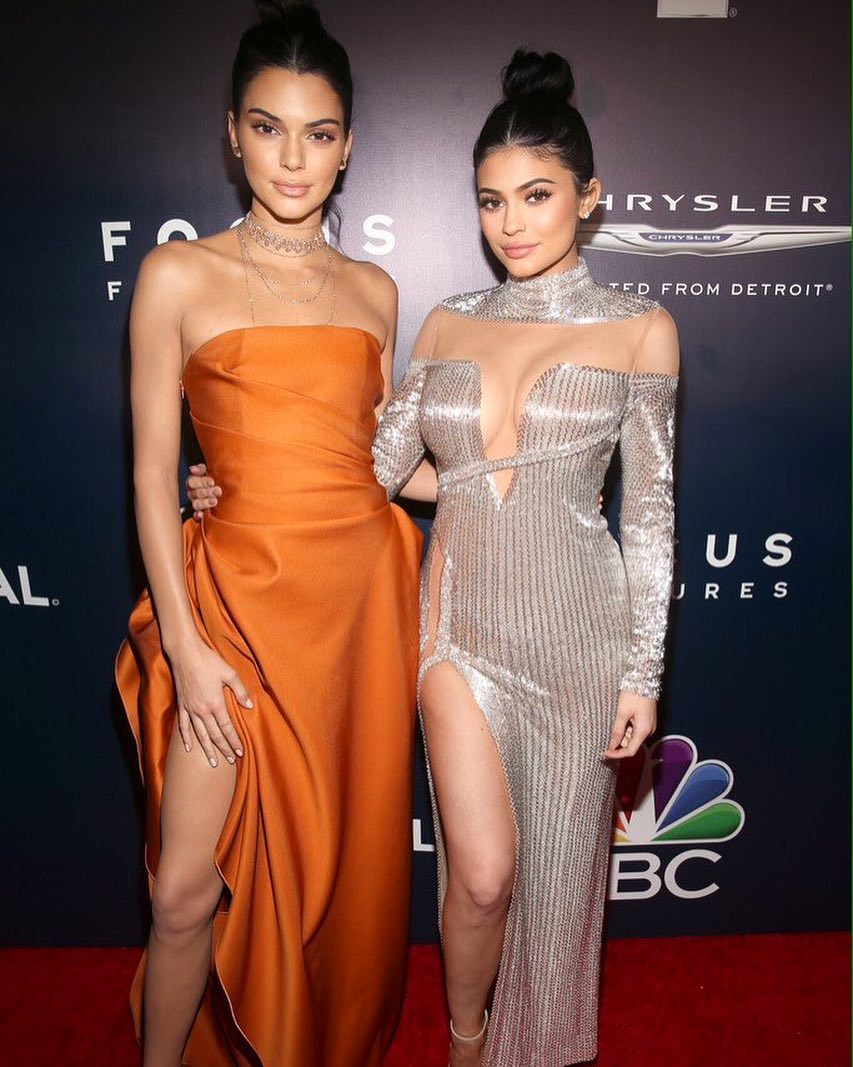 Kylie Jenner In A Long Sleeves Off The Shoulder, Deep V-Neck Long Gown with Sequins