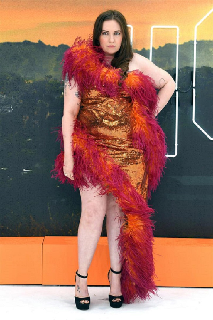 Celebrities Wearing Bling Miss Lena Dunham Wears A Gold Short Dress with Feathered Trims and Black High Heel Sandals