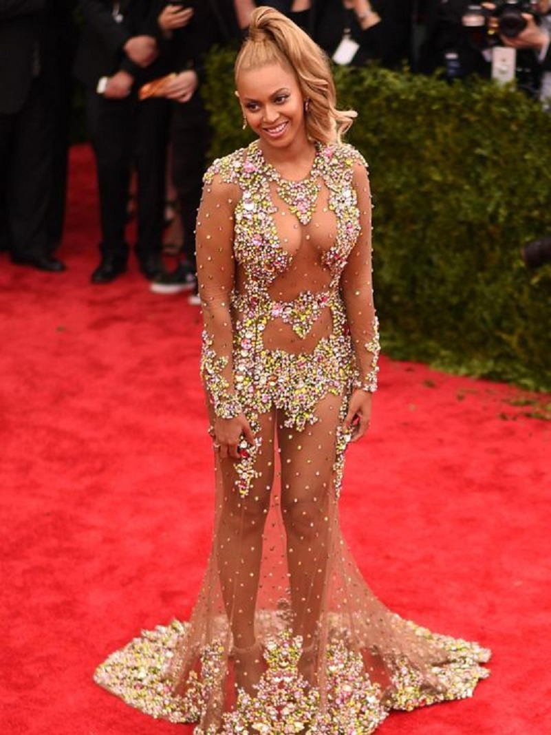 Celebrities Wearing Bling Beyoncé Wearing A See Through Embellished Long Sleeves Gown with A Train