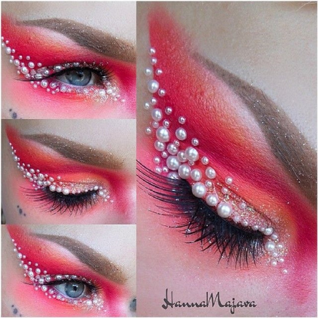 Bling makeup Bling Bling Pink Eyes Colour with White Pearls Around The Eye