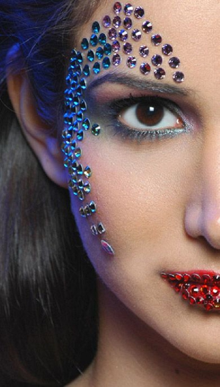 Bling makeup Black Eye Liner with Multi-Colour Rhinestones Around The Eye and On The Lips