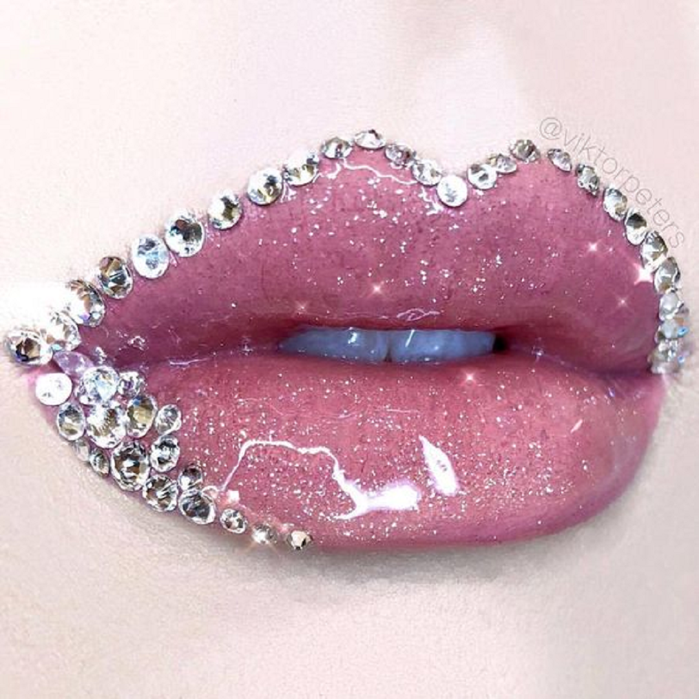 Bling makeup Glossy Glittering Lipstick with Silver Rhinestone Trims