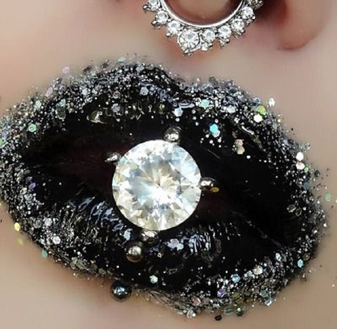 Bling makeup Black Glittering Lipstick with Shine and A Jumbo Rhinestone