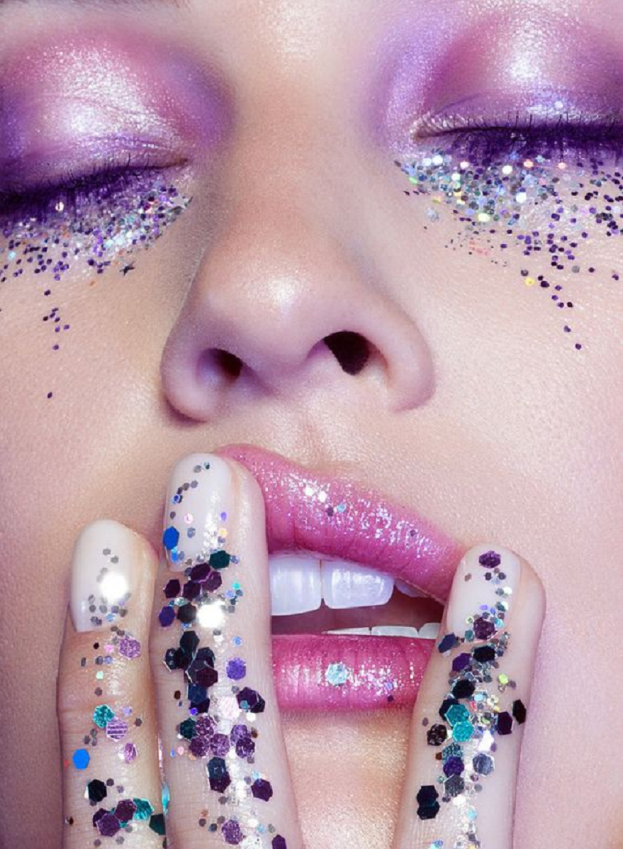 Bling makeup Purple Eye Shade with Hologram Glitters Under The Eyes and Fingers Makeup Bling