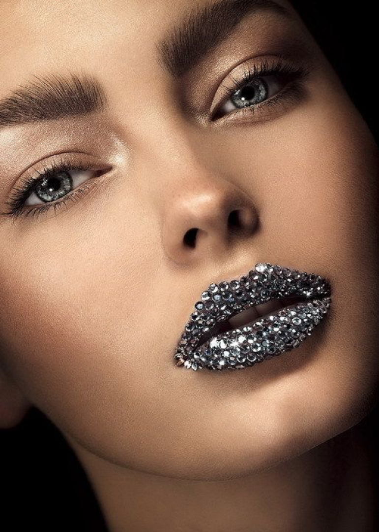 Bling makeup Glittering Black Rhinestones On The Lips with Black Lipstick