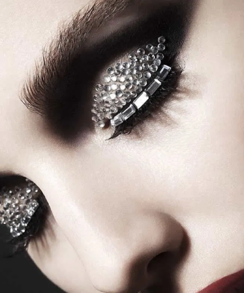 Bling makeup Black Eye Shade with Long Eyelashes and Silver Rhinestones and Crystals