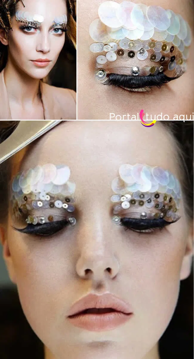 Bling makeup White and Gold Sequins On The Eyebrows