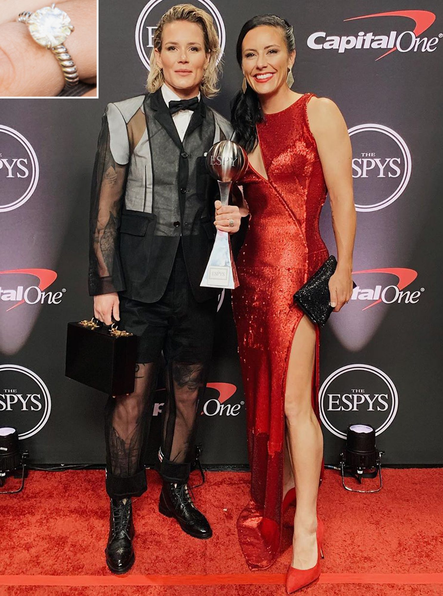 Celebrity Jewelry Ashlyn Harris and Ali Krieger Wear A Round Cut Diamond On A Golden Band