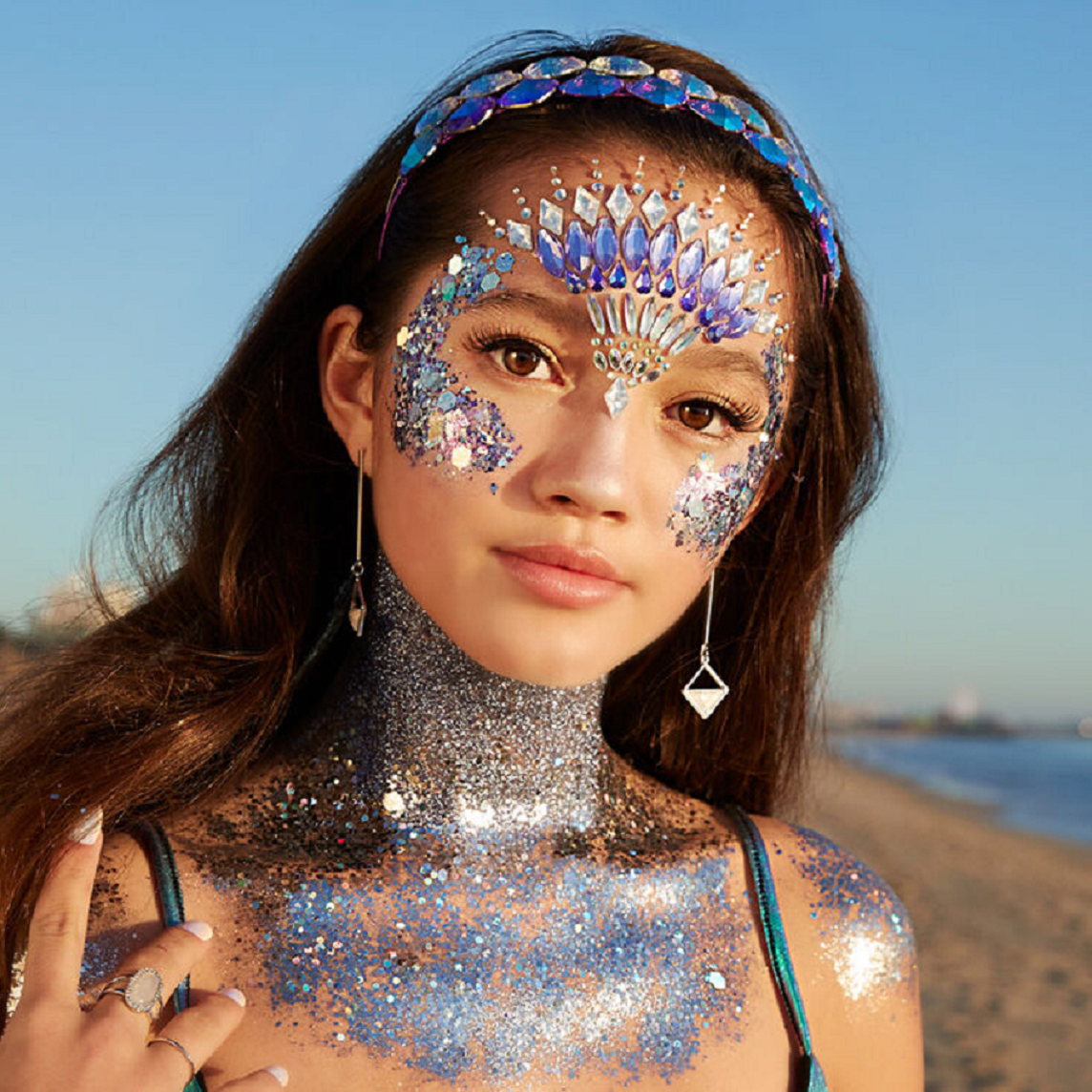 Bling makeup Light Blue Unicorn Dust Glitters with Crystals On The Forehead