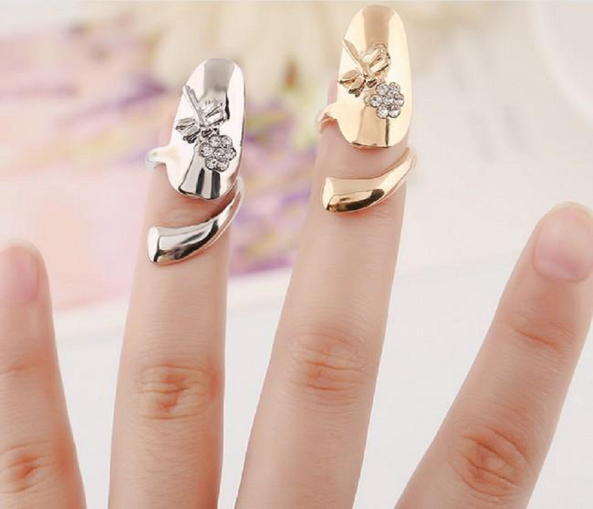 Nail ring bling Gold and Silver Finger Nails Ring with Rose Engraved with Rhinestones