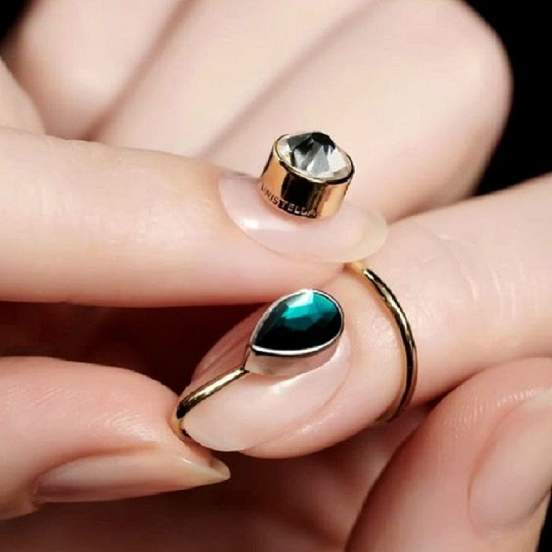 Nail ring bling Gold Cuticle Hugging Nail Ring with Emerald Green Stone and Clear Crystal Stone