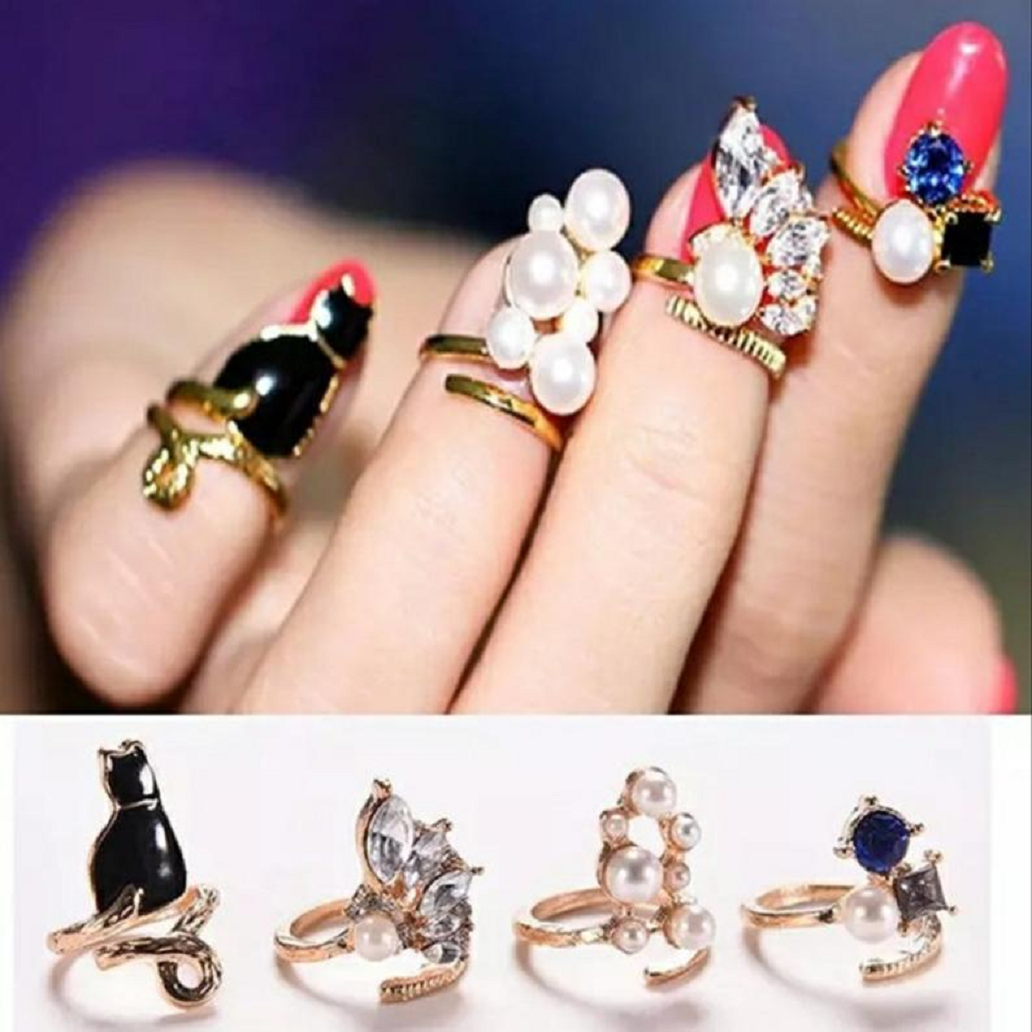 Nail ring bling 4Pcs/Set Crystal and Pearl Finger Nail Rings