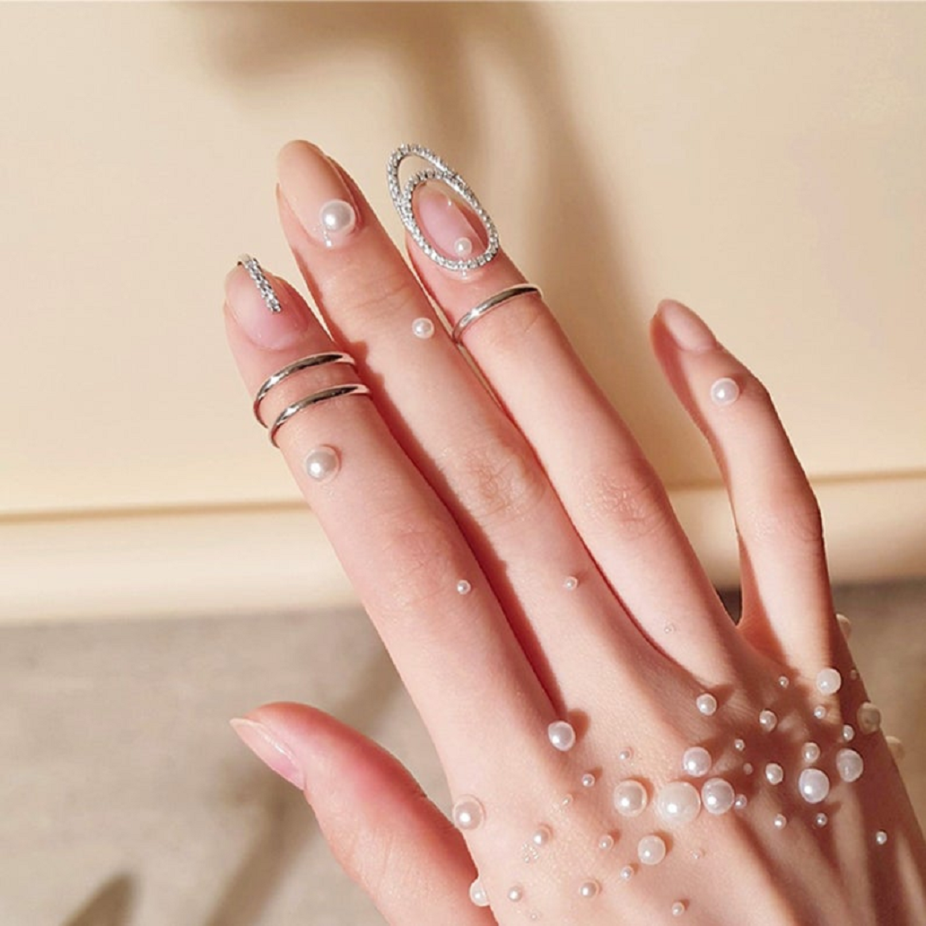 Nail ring bling Fingernail Protective Cuticle Ring with Pearls and Rhinestones