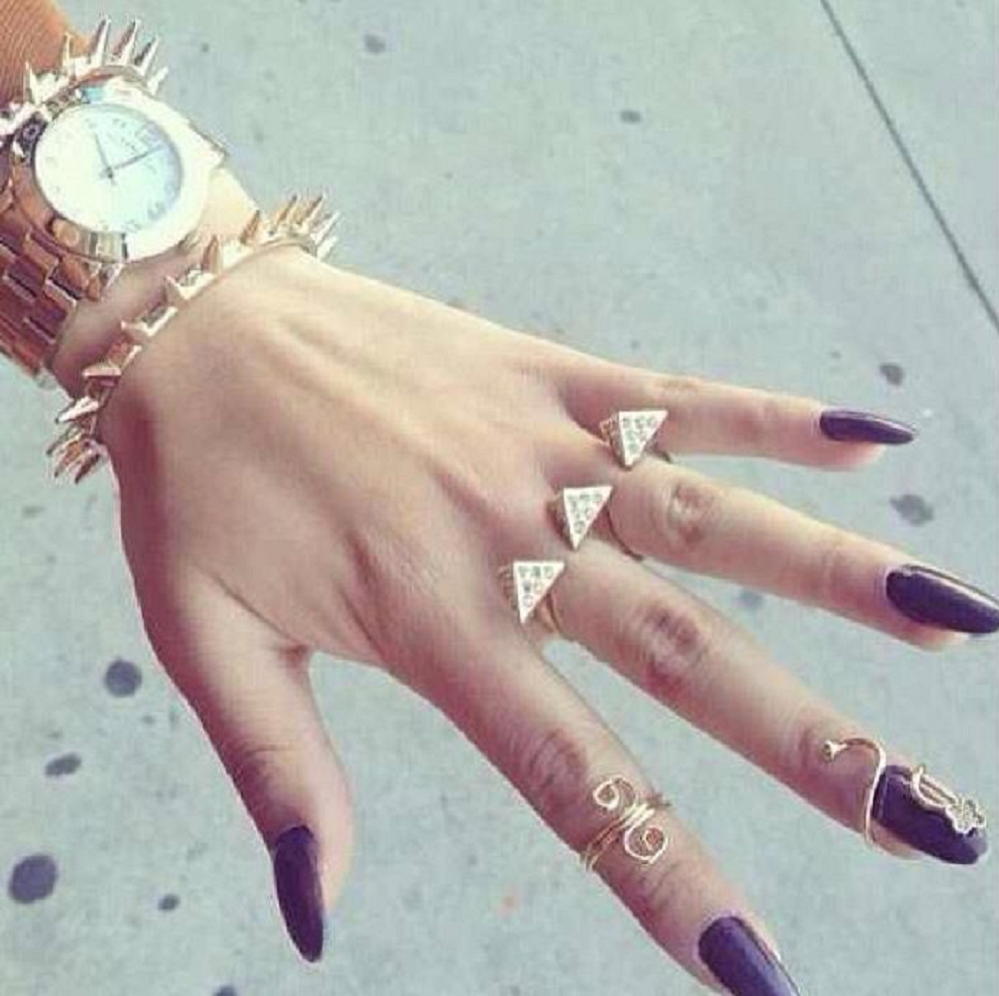 Black Oval Nails with Gold Finger Nails Ring Jewelry