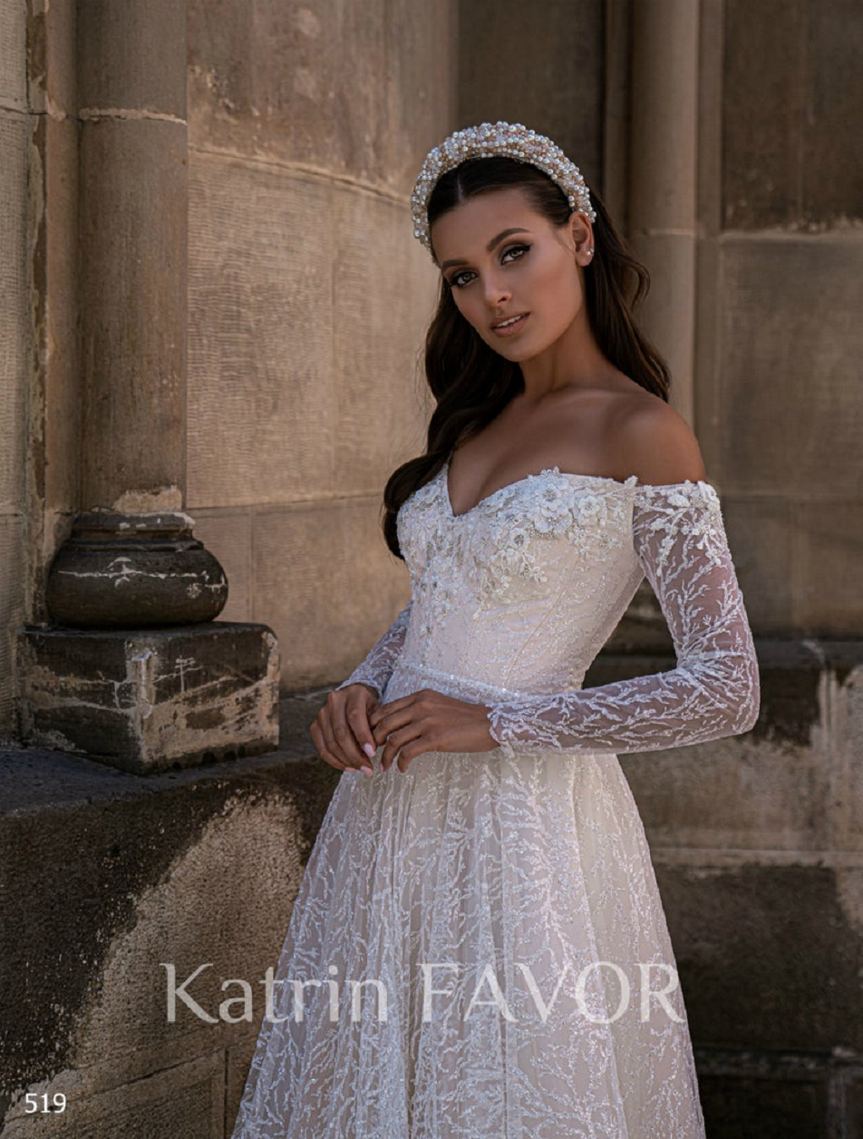 Wedding dress bling Off The Shoulder Wedding Dress with Long Sleeves And Embellishments