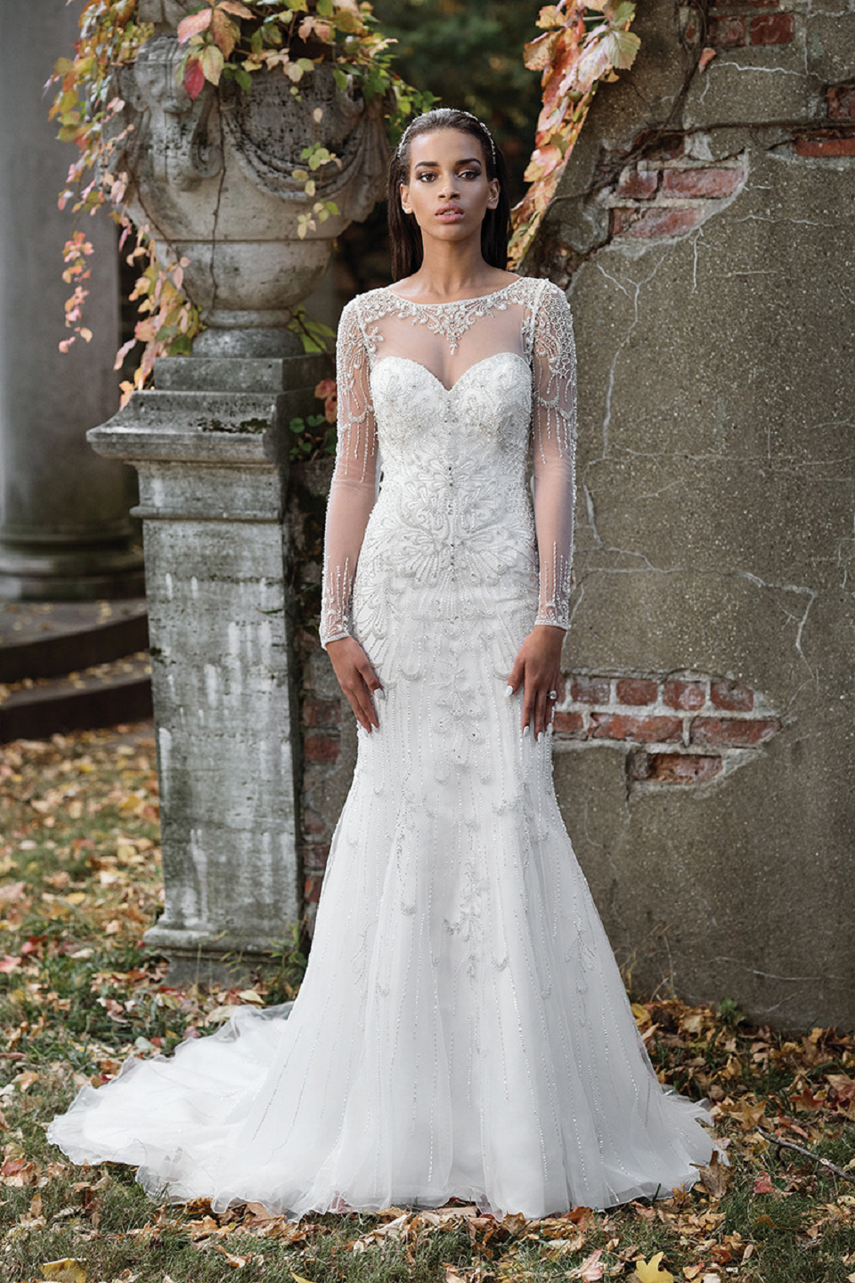 Wedding dress bling Beaded Fit and Flare Bridal Gown with Illusion Neckline and Long Detailed Sleeves