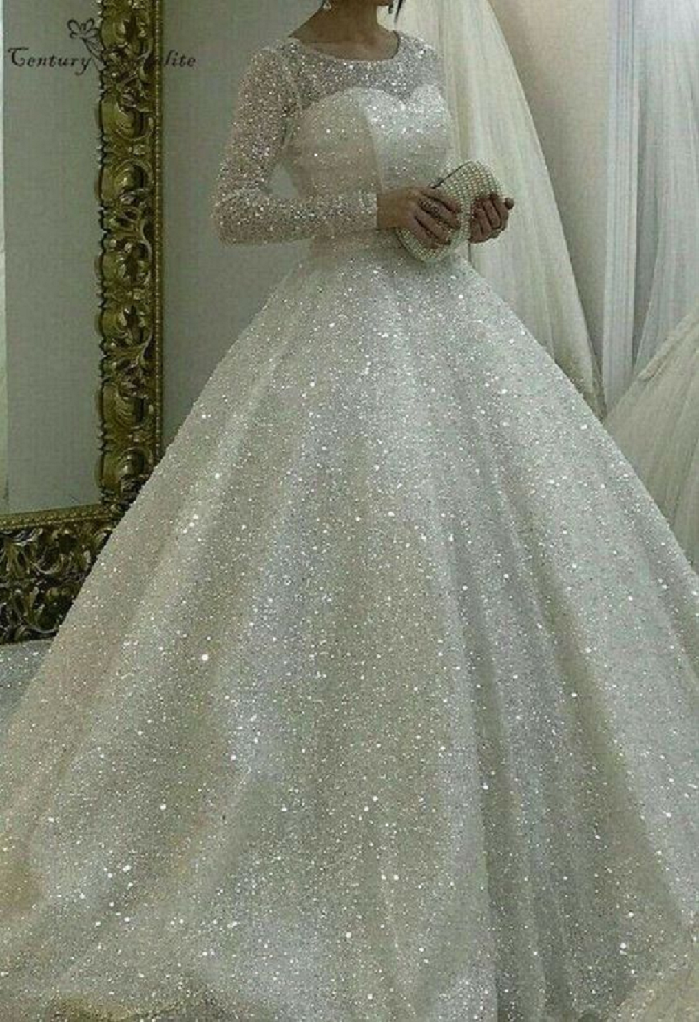 Long Sleeves, Classic Neckline Glittering Bridal Gown