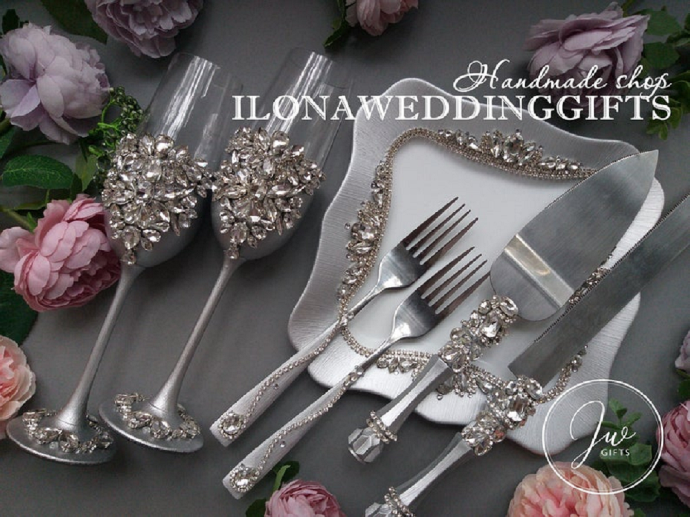 Bling wedding receptions Silver Toasting Flutes, Cake Server Knife and Plate with Swarovski Crystal Gems