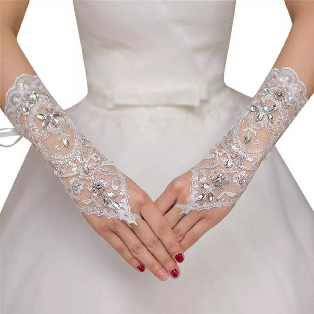 Bling wedding accessories Tulle Bridal Fingerless Glittering Rhinestones Gloves