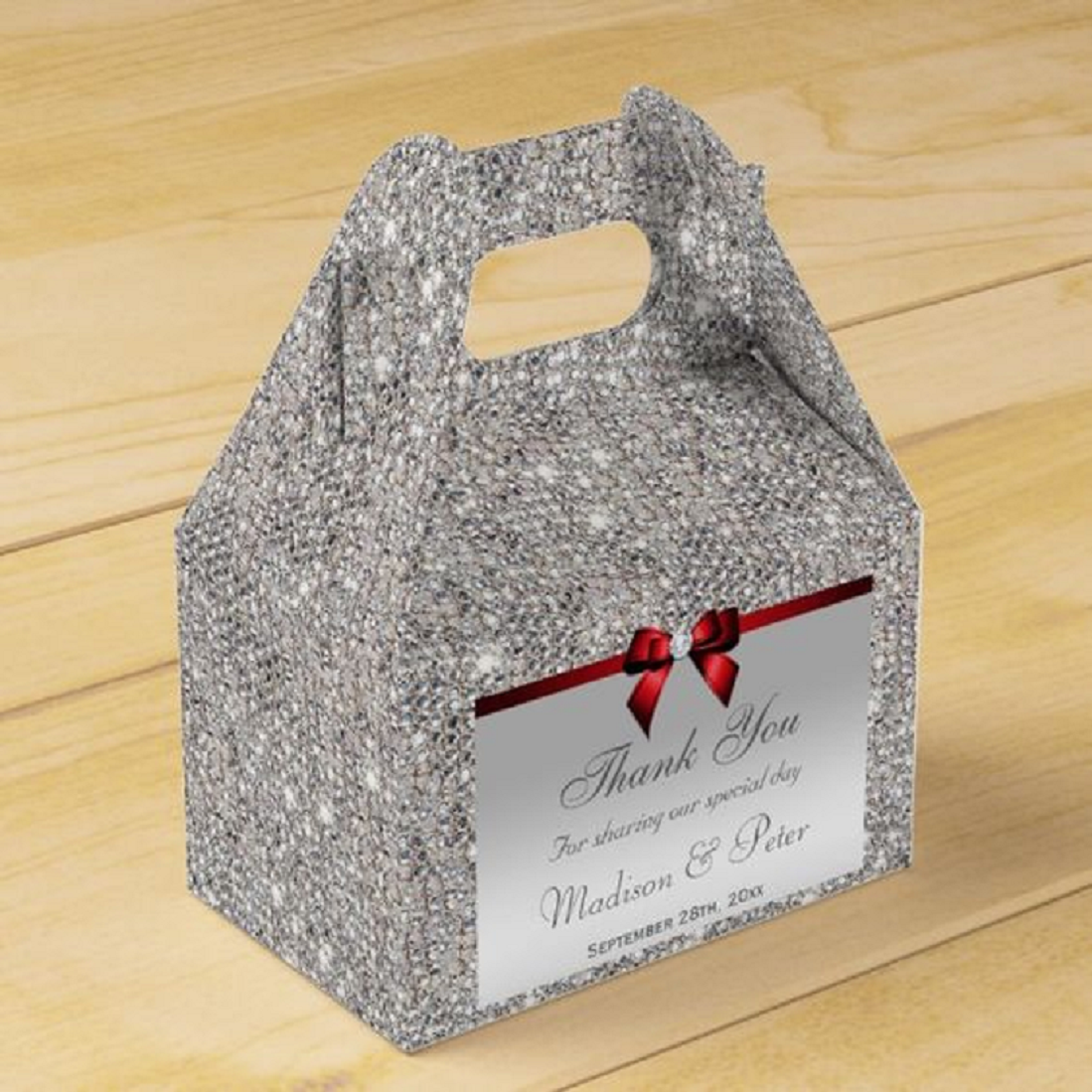 Bling wedding accessories Sparkling Classy Silver Sequins Red Diamond Bow Favor Box