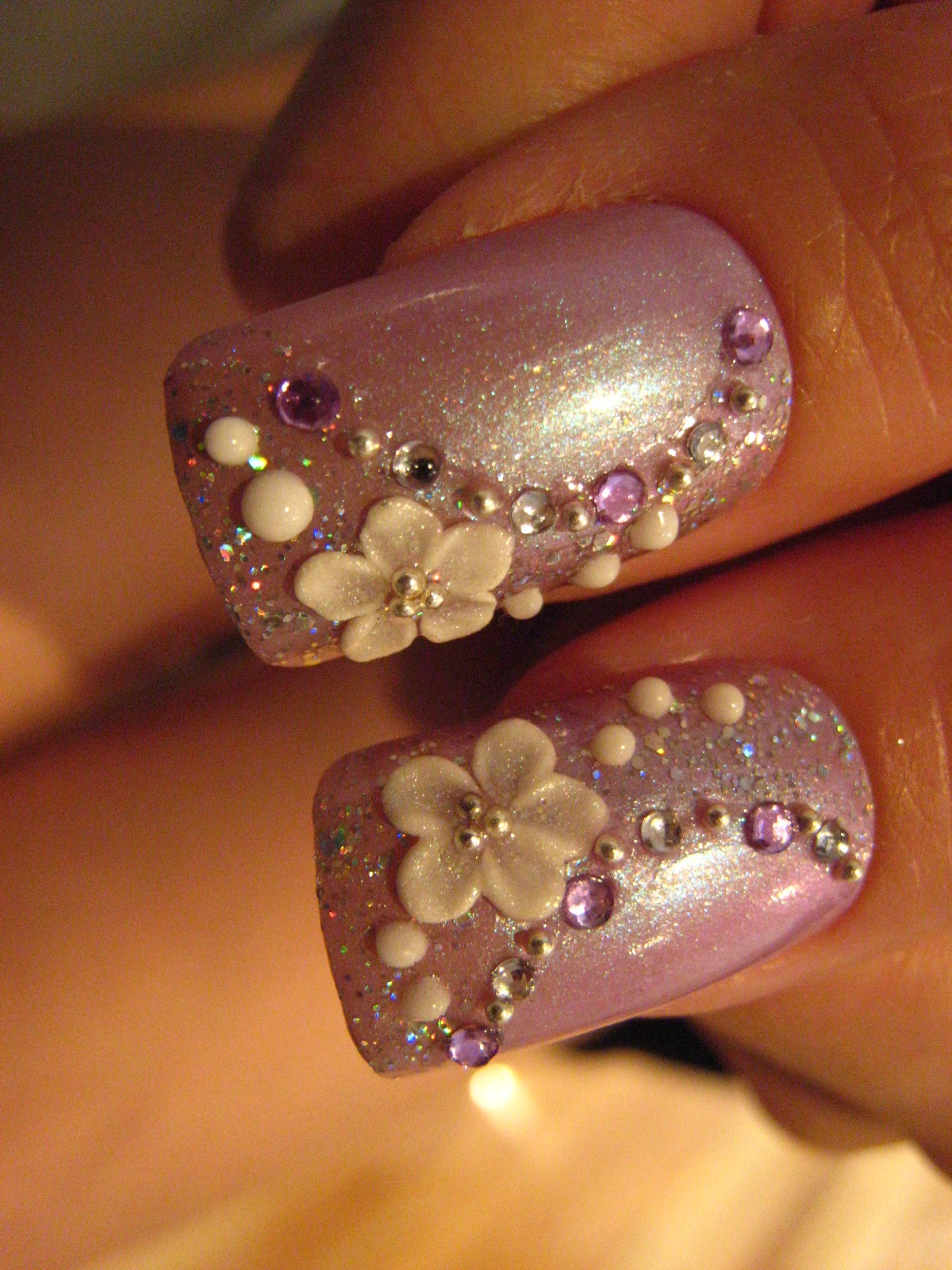 Bling wedding accessories Purple Nail Polish with Rhinestones and Floral Design