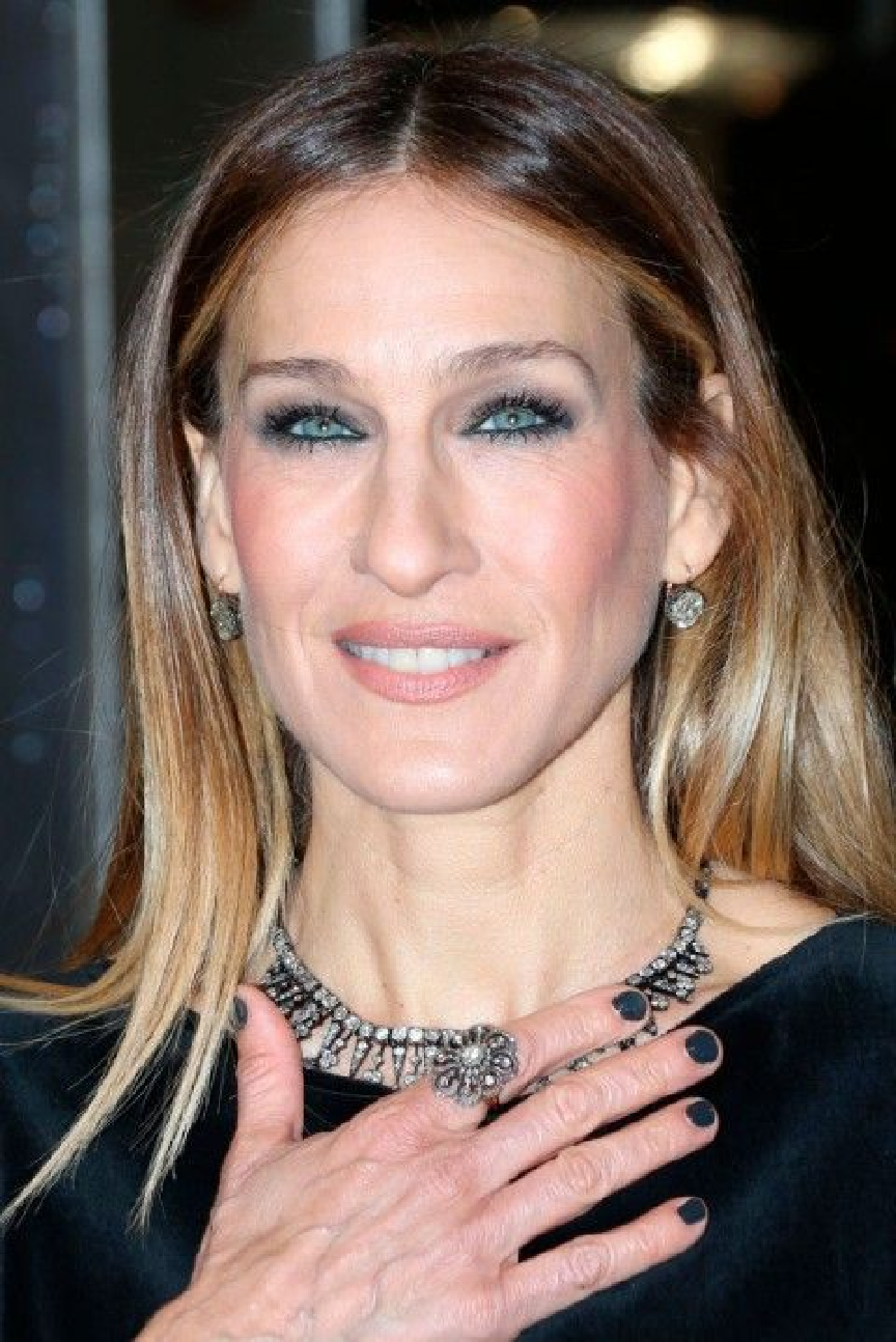 Celebrity Jewelry Sarah Jessica Parker Wears On A Black Chocker and Ring with Smokey Eye Makeup