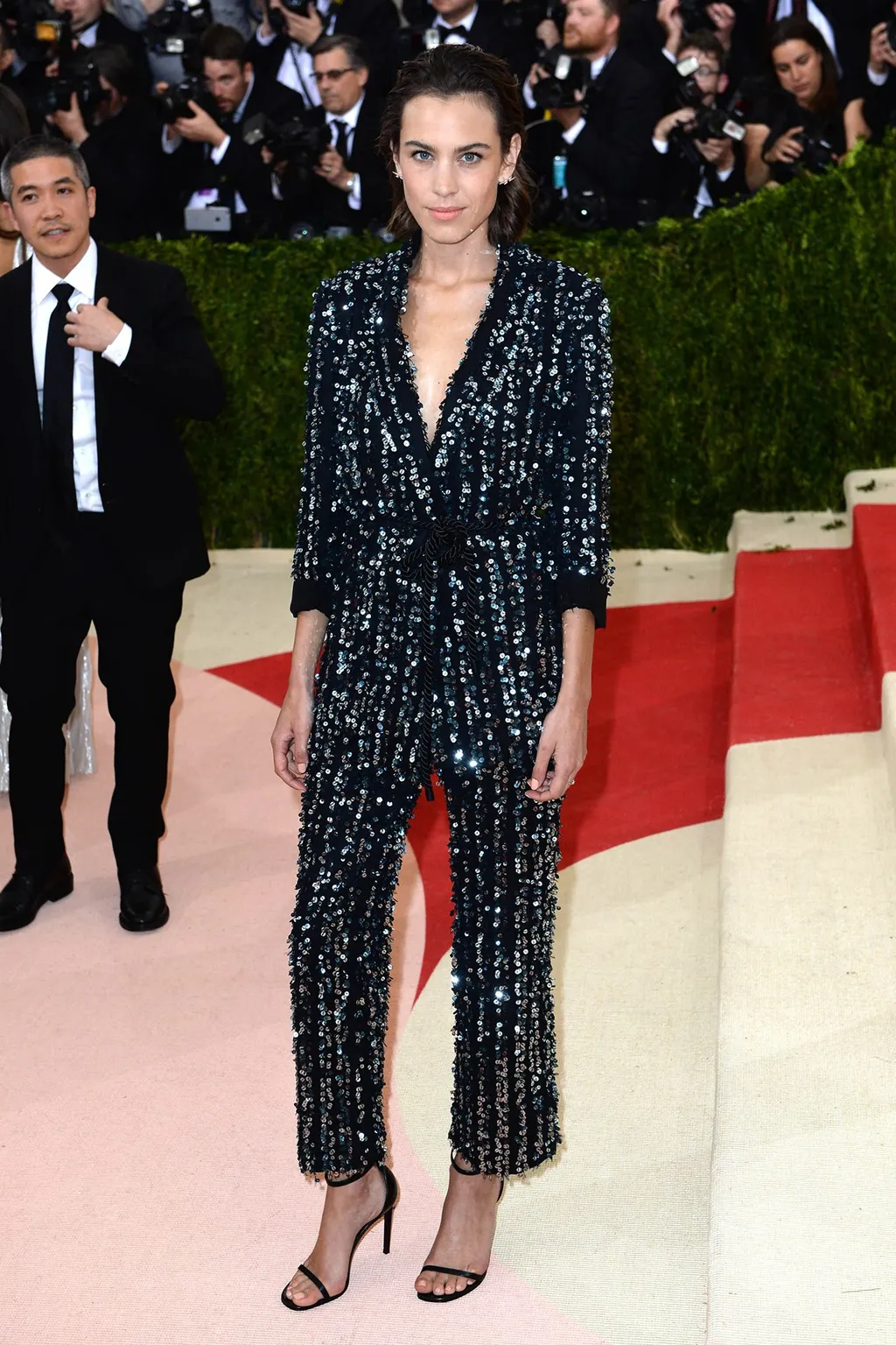 Celebrities Wearing Bling Alexa Chung Wearing a Black and Silver Thakoon tuxedo with an Open Toe Heel Sandals