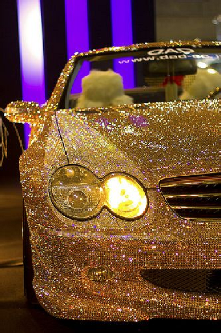 Bling wrapped cars Glittering Gold Rhinestones On a Merc