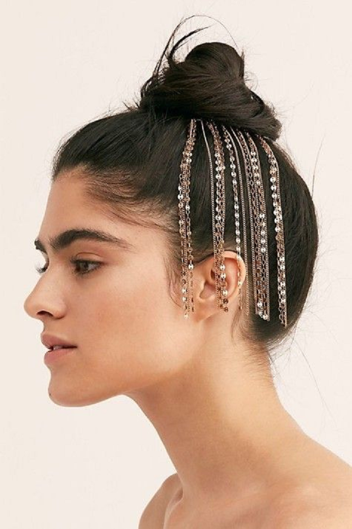 Bling hair accessories Classic Bun Hairstyle with Embellished Rhinestone Hanging Chains