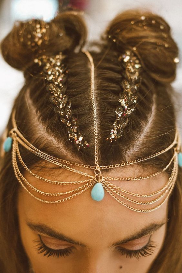 Bling hair accessories Hair Braids with Glitters, Tear Shaped Opal Stone and Gold Chains