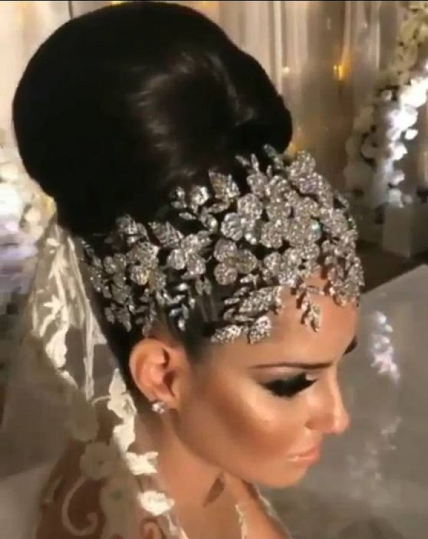 Bling hair accessories Classic Big Bun Hairstyle with Silver Rhinestone Forehead Tiara