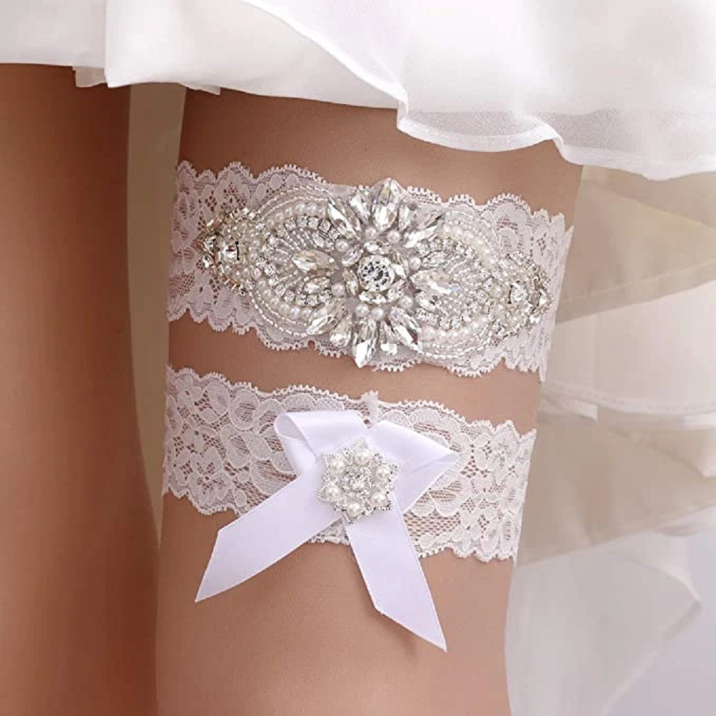 Bling wedding accessories Ivory Lace Garter with Rhinestones Embellished Bowes For The Bride