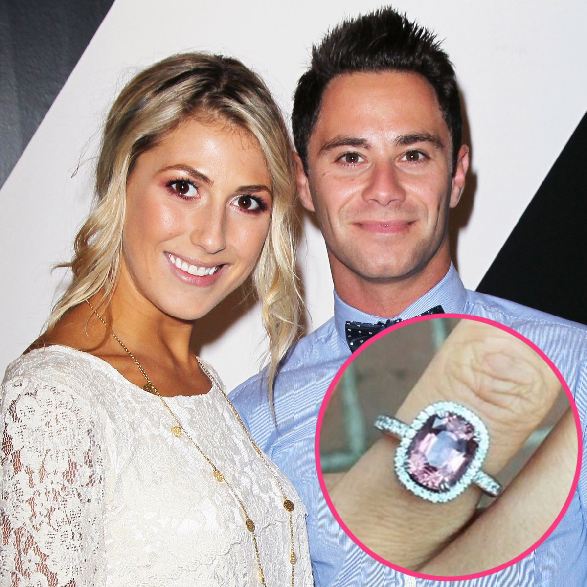 Celebrity Jewelry Emma Slater Wears a Purple Cut Diamond Stone On A Glittering Band of Diamonds