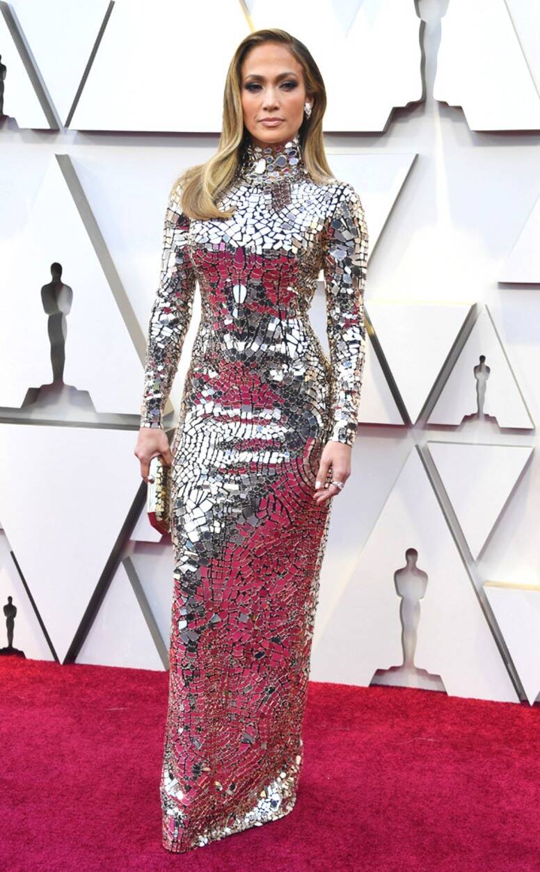 Red Carpet bling Jennifer Lopez In A Long Sleeves High Neck Mirror Sequin Gown