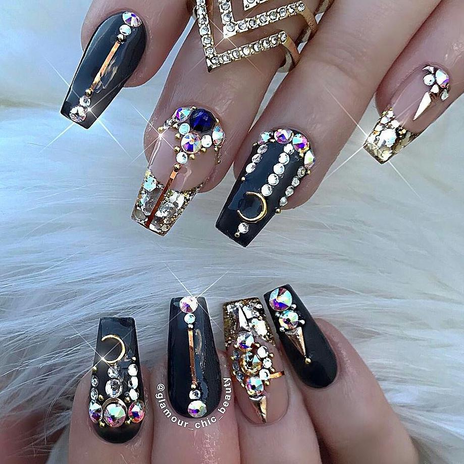 coffin nail designs — Gold Nails with Rhinestone and Bling Bling Design