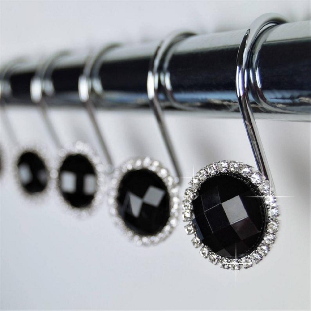 Bling for your bathroom Shower Curtain Hooks Rings - Black Crystal Diamond Gems Bling